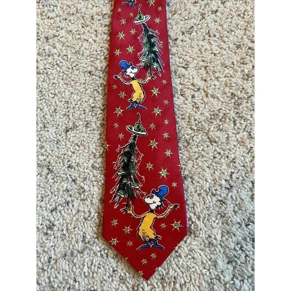 Vintage Dr Seuss Sam I Am Green Eggs and Ham Christmas Red Silk Tie 1994
